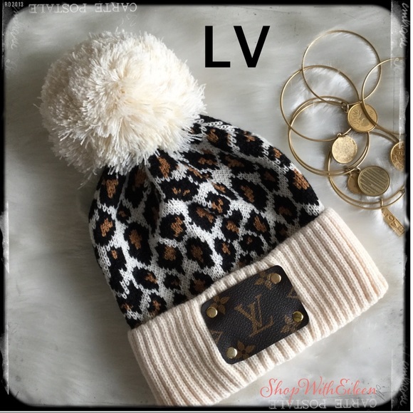 Upcycled LV Leopard Print Beanie with Pom Pom